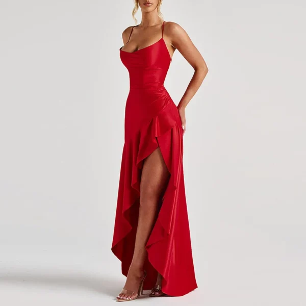 Sexy Slash Neck Slim Ruffle Banquet Dress Women Spring Backless Lace-up Long Irregular Dress Summer Sleeveless Hollow Maxi Dress - Imagem 7