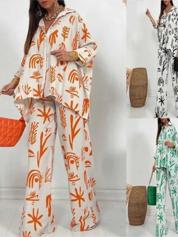 Autumn New Women's Large Casual Set New Fashion Printed Straight Trouser Loose Button Shirt Long Sleeve Long Pants Two Piece Set - Imagem 5