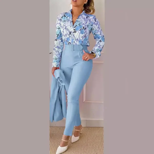 Elegant Women Printed Two Piece Suit Sets Spring Autumn V Neck Long Sleeve Shirt Top & Long Pants Set With Belt Workwear Outfits - Imagem 3