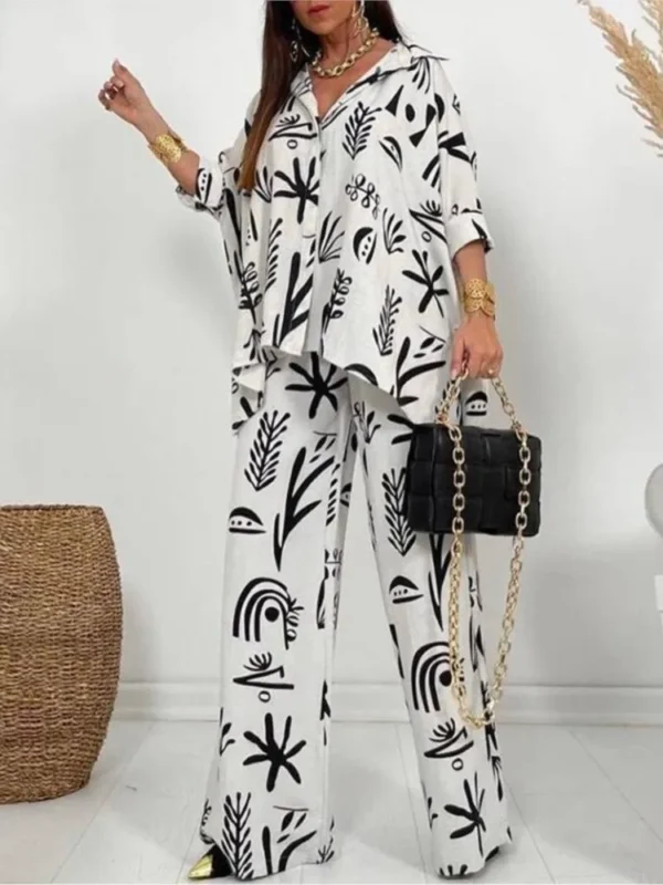 Autumn New Women's Large Casual Set New Fashion Printed Straight Trouser Loose Button Shirt Long Sleeve Long Pants Two Piece Set - Imagem 3