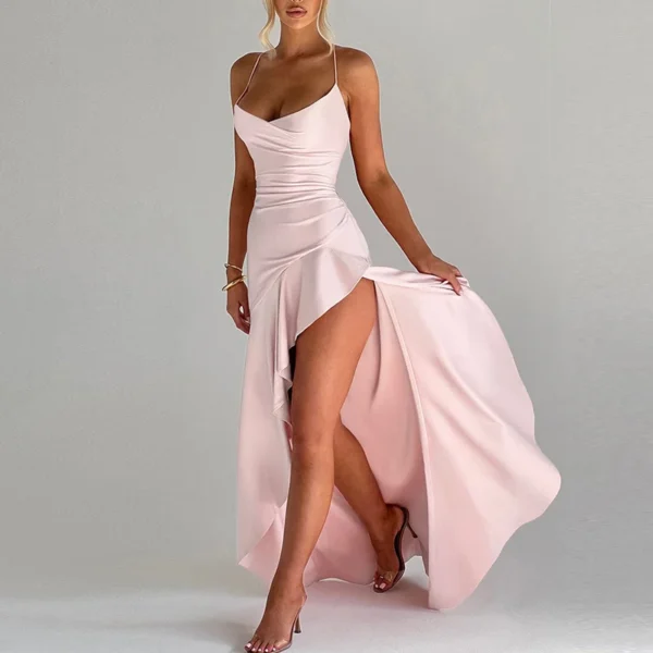 Sexy Slash Neck Slim Ruffle Banquet Dress Women Spring Backless Lace-up Long Irregular Dress Summer Sleeveless Hollow Maxi Dress - Imagem 15