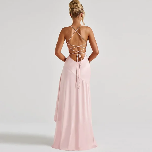 Sexy Slash Neck Slim Ruffle Banquet Dress Women Spring Backless Lace-up Long Irregular Dress Summer Sleeveless Hollow Maxi Dress - Imagem 17