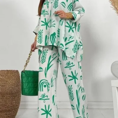 Autumn New Women’s Large Casual Set New Fashion Printed Straight Trouser Loose Button Shirt Long Sleeve Long Pants Two Piece Set