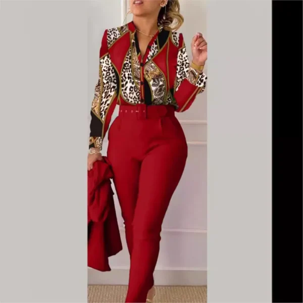Elegant Women Printed Two Piece Suit Sets Spring Autumn V Neck Long Sleeve Shirt Top & Long Pants Set With Belt Workwear Outfits - Imagem 2