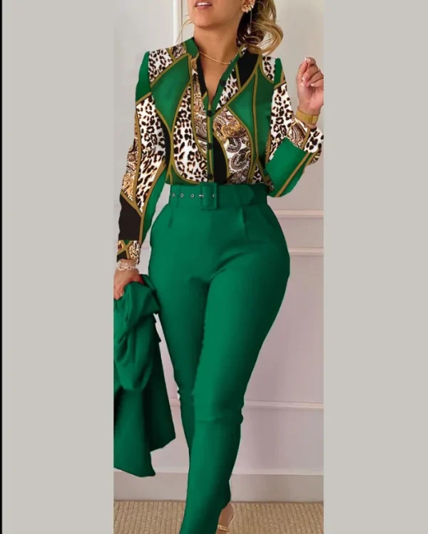 Elegant Women Printed Two Piece Suit Sets Spring Autumn V Neck Long Sleeve Shirt Top & Long Pants Set With Belt Workwear Outfits - Imagem 21