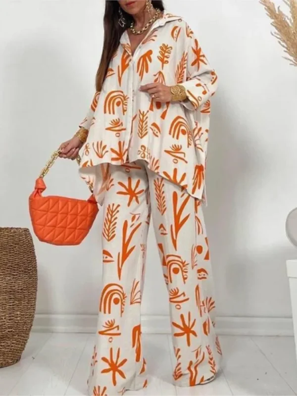 Autumn New Women's Large Casual Set New Fashion Printed Straight Trouser Loose Button Shirt Long Sleeve Long Pants Two Piece Set - Imagem 2