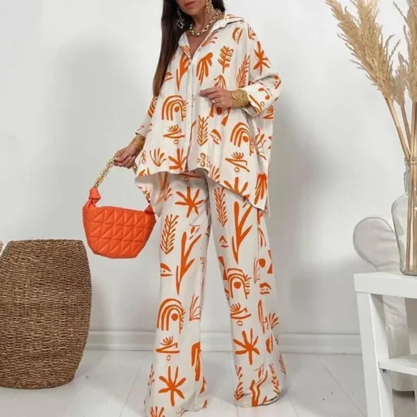 Autumn New Women's Large Casual Set New Fashion Printed Straight Trouser Loose Button Shirt Long Sleeve Long Pants Two Piece Set - Imagem 6