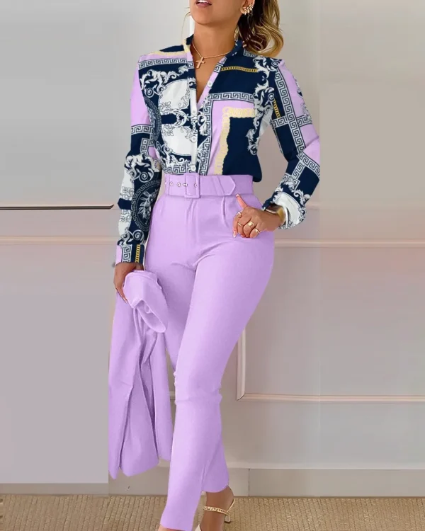 Elegant Women Printed Two Piece Suit Sets Spring Autumn V Neck Long Sleeve Shirt Top & Long Pants Set With Belt Workwear Outfits - Imagem 25