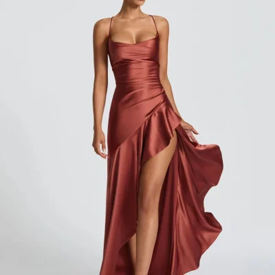 Articat Elegant Spaghetti Strap Satin Split Maxi Dress Women Sexy Backless Bodycon Party Evening Dress Summer Holiday Beachwear