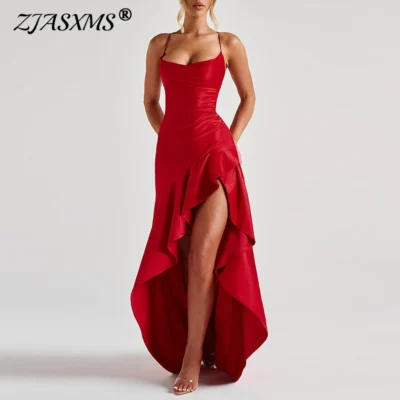 Sexy Slash Neck Slim Ruffle Banquet Dress Women Spring Backless Lace-up Long Irregular Dress Summer Sleeveless Hollow Maxi Dress