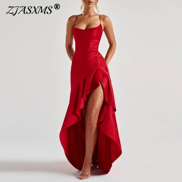 Sexy Slash Neck Slim Ruffle Banquet Dress Women Spring Backless Lace-up Long Irregular Dress Summer Sleeveless Hollow Maxi Dress
