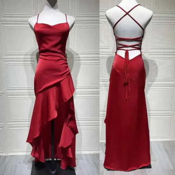Sexy Satin Club Evening Party Dresses 2025 Summer Women Clothing Elegant Ruffle Irregular Backless Bandage Long Maxi Dress - Imagem 6
