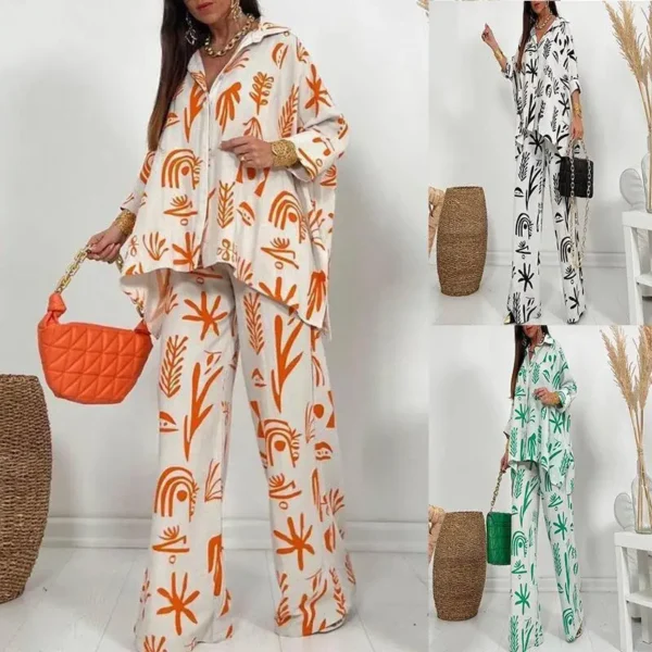 Autumn New Women's Large Casual Set New Fashion Printed Straight Trouser Loose Button Shirt Long Sleeve Long Pants Two Piece Set - Imagem 10