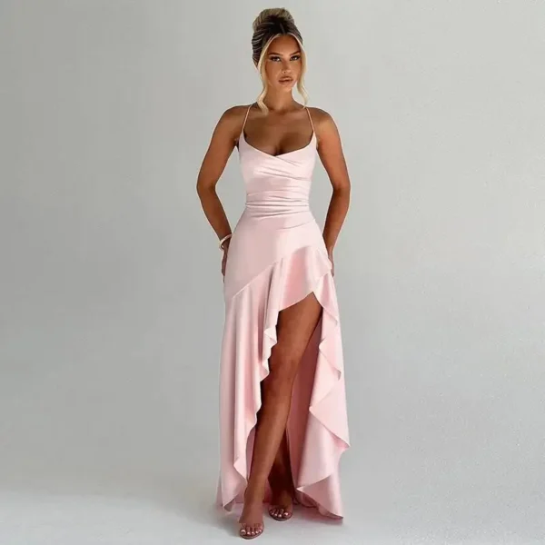 Sexy Satin Club Evening Party Dresses 2025 Summer Women Clothing Elegant Ruffle Irregular Backless Bandage Long Maxi Dress - Imagem 3