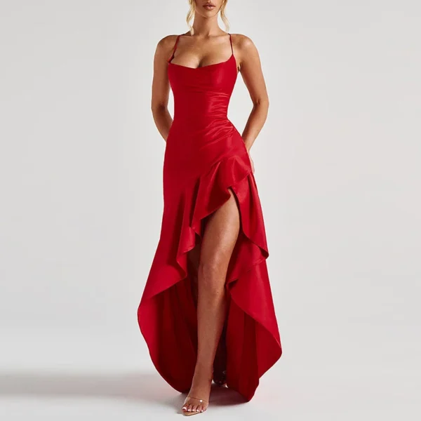 Sexy Slash Neck Slim Ruffle Banquet Dress Women Spring Backless Lace-up Long Irregular Dress Summer Sleeveless Hollow Maxi Dress - Imagem 11