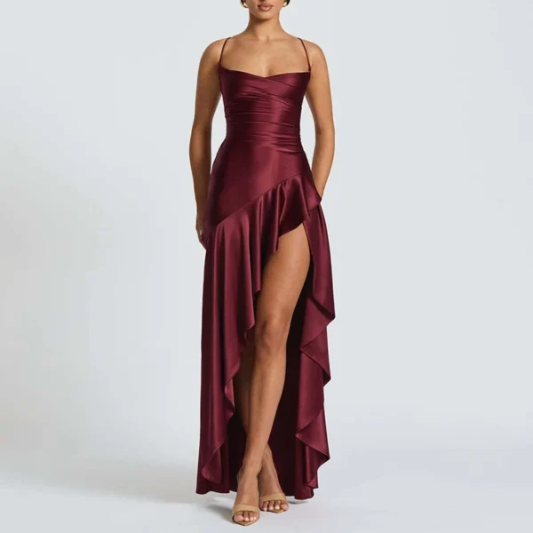 Sexy Slash Neck Slim Ruffle Banquet Dress Women Spring Backless Lace-up Long Irregular Dress Summer Sleeveless Hollow Maxi Dress - Imagem 3