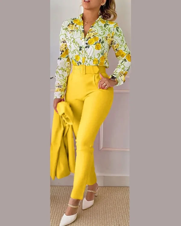 Elegant Women Printed Two Piece Suit Sets Spring Autumn V Neck Long Sleeve Shirt Top & Long Pants Set With Belt Workwear Outfits - Imagem 27