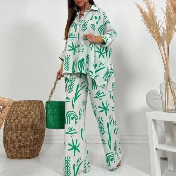 Autumn New Women's Large Casual Set New Fashion Printed Straight Trouser Loose Button Shirt Long Sleeve Long Pants Two Piece Set - Imagem 12