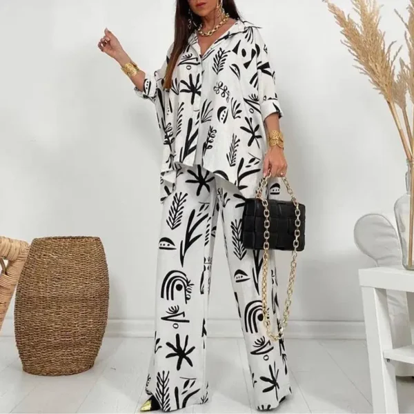Autumn New Women's Large Casual Set New Fashion Printed Straight Trouser Loose Button Shirt Long Sleeve Long Pants Two Piece Set - Imagem 13