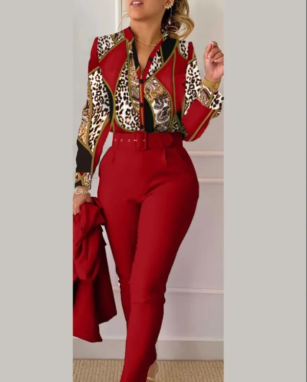Elegant Women Printed Two Piece Suit Sets Spring Autumn V Neck Long Sleeve Shirt Top & Long Pants Set With Belt Workwear Outfits - Imagem 12