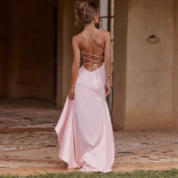 Sexy Slash Neck Slim Ruffle Banquet Dress Women Spring Backless Lace-up Long Irregular Dress Summer Sleeveless Hollow Maxi Dress - Imagem 18