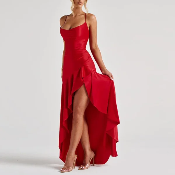 Sexy Slash Neck Slim Ruffle Banquet Dress Women Spring Backless Lace-up Long Irregular Dress Summer Sleeveless Hollow Maxi Dress - Imagem 12