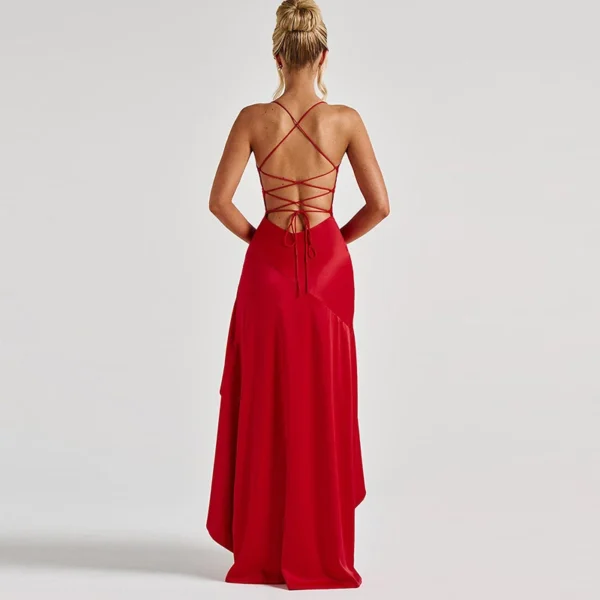 Sexy Slash Neck Slim Ruffle Banquet Dress Women Spring Backless Lace-up Long Irregular Dress Summer Sleeveless Hollow Maxi Dress - Imagem 14