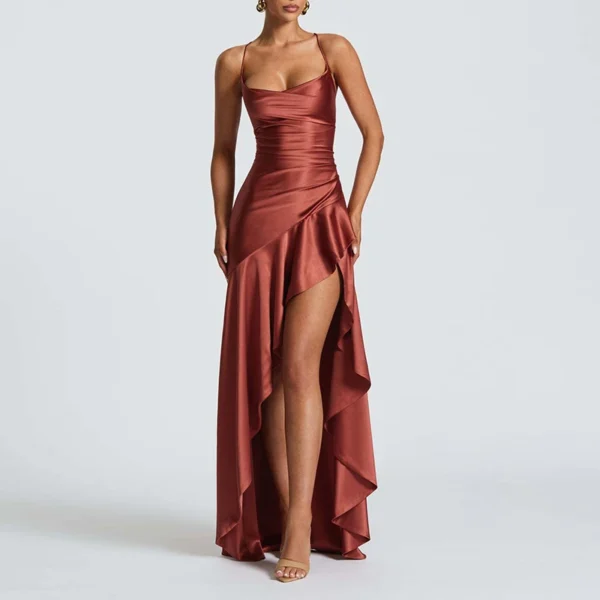 Sexy Slash Neck Slim Ruffle Banquet Dress Women Spring Backless Lace-up Long Irregular Dress Summer Sleeveless Hollow Maxi Dress - Imagem 4