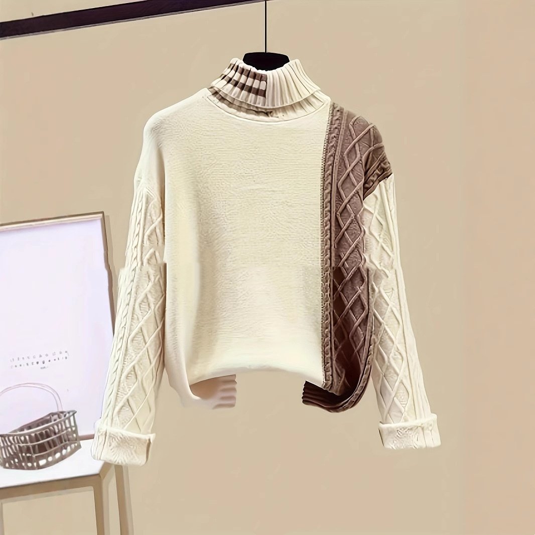 Fashion Polo Collar Contrast Color High Class Elegant Design Woolen Skirt Two-piece Set - Imagem 3